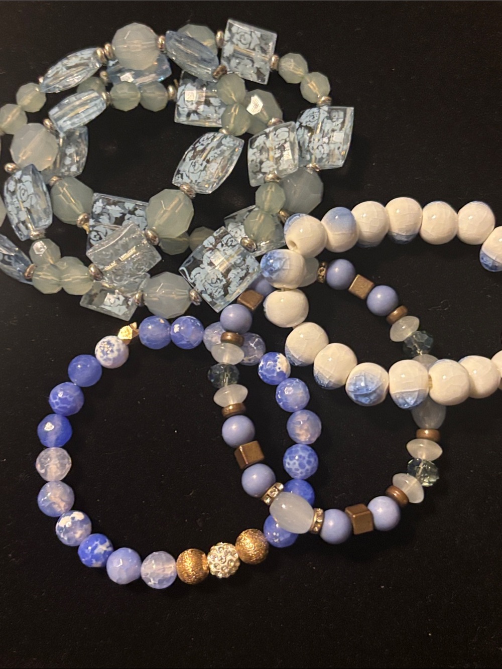 Stackable Blue Beaded Bracelets Romantic Blue Floral Roses Ceramic & Stone Beads